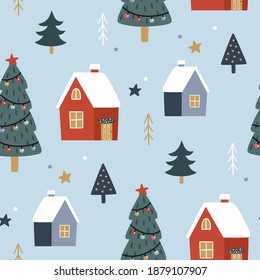 Christmas seamless pattern with christmas tree and houses. Cute festive background. Hand drawn vector illustration. Holiday endless texture for wrapping paper, textile, fabric design. 