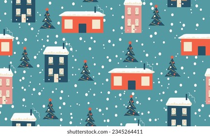 Patrón de Navidad sin fisuras con árboles de navidad y casas. Trato festivo. Ilustración vectorial dibujada a mano. Textura inagotable de vacaciones para envolver papel, textil, diseño de tela.