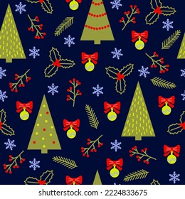 Christmas seamless pattern. Christmas tree, ilex, fir branch, ball and snowflake on navy background