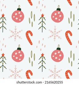 Christmas seamless pattern tree lollipop toy. New year textile fabric background. Doodle hand drawn naive vector minimalism art