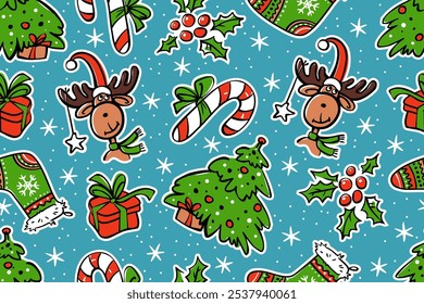 Christmas seamless pattern. Christmas tree, Christmas moose in hat, socks, gift box, candy cane, holly berries, and snow on blue background. Colorful festive print. Winter vector pattern.