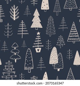 christmas seamless pattern with tree on dark blue background. winter holiday decoration, black andd blue christmas trees modern background