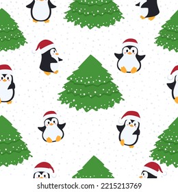 Christmas seamless pattern with Christmas tree and penguins. New Year beautiful vector illustration.