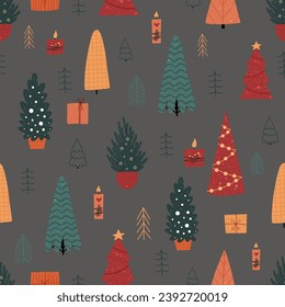 Christmas seamless pattern, with a tree, a pine tree, a festive atmosphere, a magic forest.