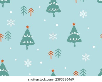 Christmas seamless pattern with Christmas tree, pine tree and snowflakes on green mint background vector. 