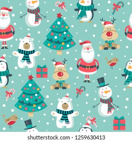 Christmas seamless pattern with tree, polar bear. snowman, deer, gifts, penguin and Santa Claus. Vector illustration. 