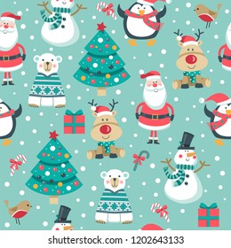 Christmas seamless pattern with tree, Santa, snowman, polar bear ,deer,  Robin bird and penguins. 