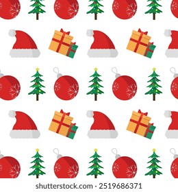 Navidades sin patrón con árbol de Navidad, sombrero de Santa, cajas de regalo y bola de Navidad.