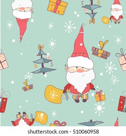 Christmas seamless pattern with tree, santa claus, snow, christmas gift boxes. Template for web page backgrounds, wallpapers, wrapping papers. Vector 