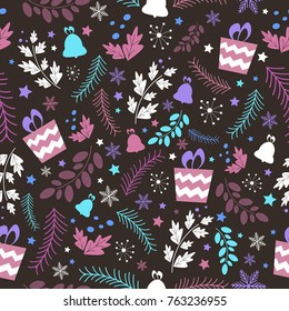 Christmas seamless pattern with tree, snow, gift and bell. Vector Template illustration background card.