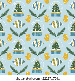 Christmas seamless pattern with christmas tree in snowball decoration, christmas tree toy, mittens. Vector illustration. 