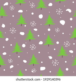 Patrón de Navidad sin fisuras con árbol de navidad, copos de nieve y nieve sobre fondo marrón, christmas ilustración vectorial.