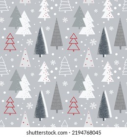 Christmas seamless pattern with christmas tree and snowflakes. Can be used for fabric, wrapping paper, scrapbooking, textile, poster, banner and other christmas design. Flat style.