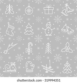 Christmas seamless pattern with christmas tree, snowflakes, ball, bell, gift box, mitten, candy, skis, skates, sledge, star, snowman on grey background. Perfect for gift cards, wrapping paper.