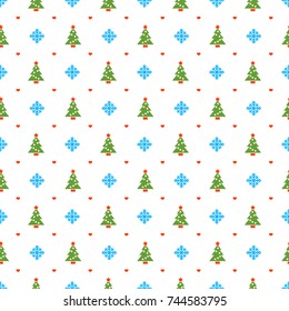 Christmas seamless pattern with Christmas tree and snowflakes on white background. Vector background for wrapping paper or greeting cards