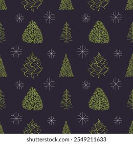 Christmas seamless pattern with christmas tree and snowflakes.Simple minimalistic background for web, pint, wallpaper, wrapping paper, textile, scrapbooking.Trees on a dark background.