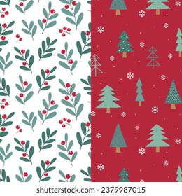 Christmas seamless pattern with christmas tree and spruce branches berries. Seamless winter pattern. Wrapping paper Christmas. Vector illustration. 