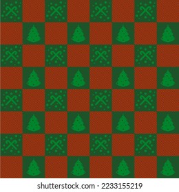 Weihnachten nahtloses Muster mit Weihnachtsbaum und Personal auf grünem und rotem Hintergrund.