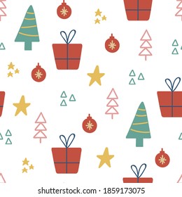 Christmas seamless pattern with tree, star, gif box. Hand drawn unique texture for greeting card. Winter Holiday design elements. Celebration party decoration. Social media cover. Vector illustration.