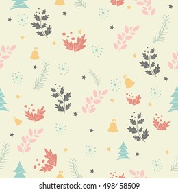 Christmas seamless pattern with tree, star, snow and bell. Vector Template illustration background card.