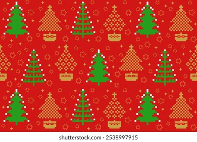 Christmas seamless pattern with Christmas tree and stars pixel art style background in red, green, gold. Vector element for greeting card new year, Christmas wrapping, banner, print, fabric, textile.