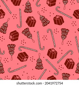 Christmas seamless pattern Christmas tree toy, lollipop and gift box. Vector pattern for wrapping paper and congratulations