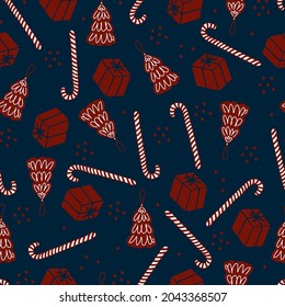 Christmas seamless pattern Christmas tree toy, lollipop and gift box. Vector pattern for wrapping paper and congratulations