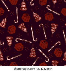 Navidad patrón sin fisuras juguete de árbol de Navidad, chuleta y caja de regalo. Patrón vectorial para envolver papel y felicitaciones