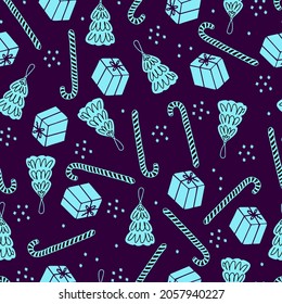 Christmas seamless pattern Christmas tree toy, lollipop and gift box. Vector pattern for wrapping paper and congratulations