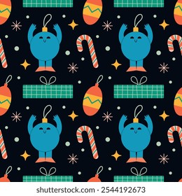 Christmas seamless pattern. Christmas tree toy character, gift box and lollipop on a dark background. Cute vector illustration for greeting card, background, packaging, wrapping paper, fabric