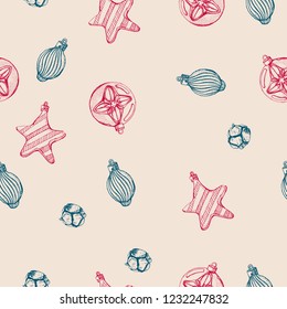 Christmas seamless pattern Christmas tree toys, hand drawing, vector