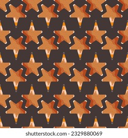 Christmas seamless pattern with christmas tree toys in form of stars. Cute holiday wallpaper background with decorative elements. Stock vector illustration on dark background.