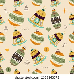 Christmas seamless pattern. Christmas tree toys ornament background with diferent elements. Stock vector wallpaper.