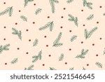 Christmas seamless pattern of Christmas tree twigs and berries. Christmas background. Christmas paper.