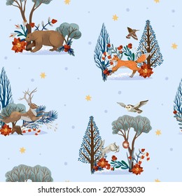 Christmas seamless pattern with trees and animals. Vector holiday background for print