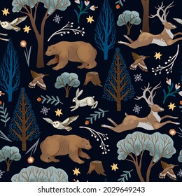 Christmas seamless pattern with trees and animals. Vector holiday background for print