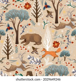 Christmas seamless pattern with trees and animals. Vector holiday background for print