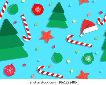 Christmas seamless pattern with Christmas trees and Christmas balls, stars, candies and cap Santa Claus. Xmas ornaments for greeting cards, wrapping paper, banners and posters. Vector illustration