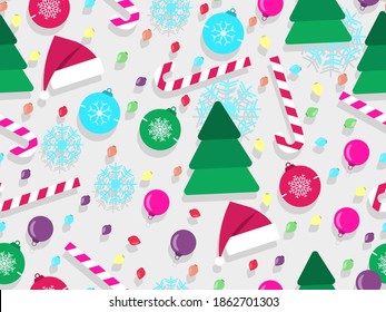 Christmas seamless pattern with Christmas trees and Christmas balls, stars, candies and cap Santa Claus. Xmas ornaments for greeting cards, wrapping paper, banners and posters. Vector illustration