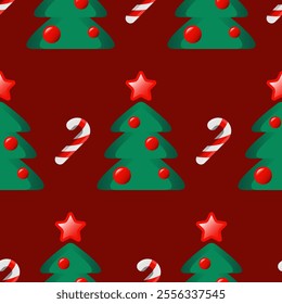 Christmas seamless pattern with trees and baubles and candy canes on a dark red background. Christmas background with 3d cartoon effect for winter holidays. Fir trees and striped mint candies pattern