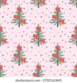 Navidades sin patrón con árboles de Navidad y arcos para envolver fondos de papel y textiles. Ilustración vectorial de vacaciones de moda.