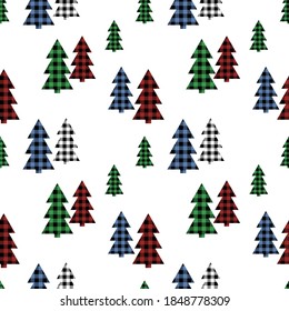 Christmas seamless pattern trees with Buffalo plaid ornament in red, green, blue and black. Tartan plaid for festive fir background. Design for wrapping, textile, wallpaper.  Vector flat illustration.