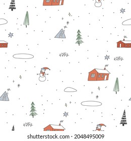 Christmas seamless pattern and Christmas trees  cute houses  funny snowman