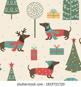 Christmas seamless pattern with trees and dachshunds. Vector illustration. 