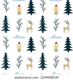 Christmas seamless pattern with trees, deers and angels