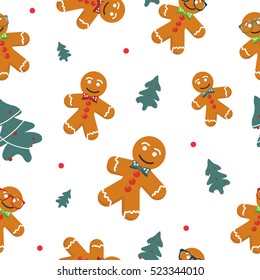 Christmas Seamless Pattern with christmas trees and different gingerbread men. Could be also used as nice pattern for Saint Nicholas Day.