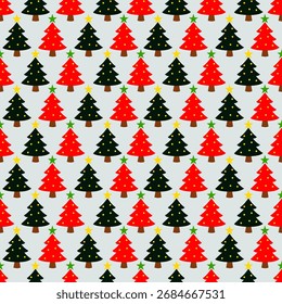 Christmas seamless pattern with trees and festive decorations, fabric prints, wrapping paper, banners, hand drawn.