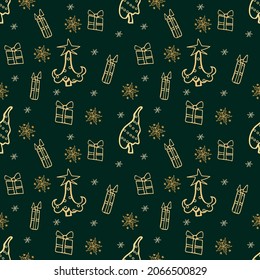 Navidad sin fisuras con árboles de navidad, cajas de regalo y copos de nieve. Feliz Año Nuevo. Diseño de vectores para vacaciones de invierno sobre fondo verde.
