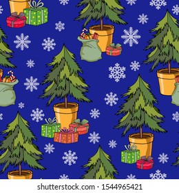 Christmas seamless pattern with Christmas trees and gifts