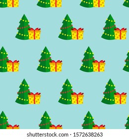 Christmas seamless pattern with christmas trees and gifts on blue background. Vector illustration. For web design, wallpaper, wrapping paper, scrapbooking, for printing on clothes, textile, package.